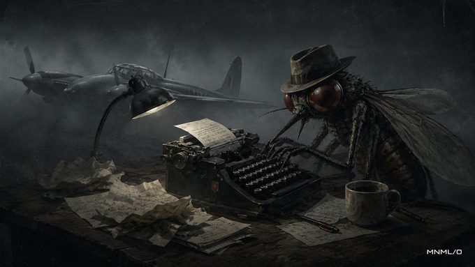 MusQueToe: mosquito at a typewriter, WWII aircraft in background haze