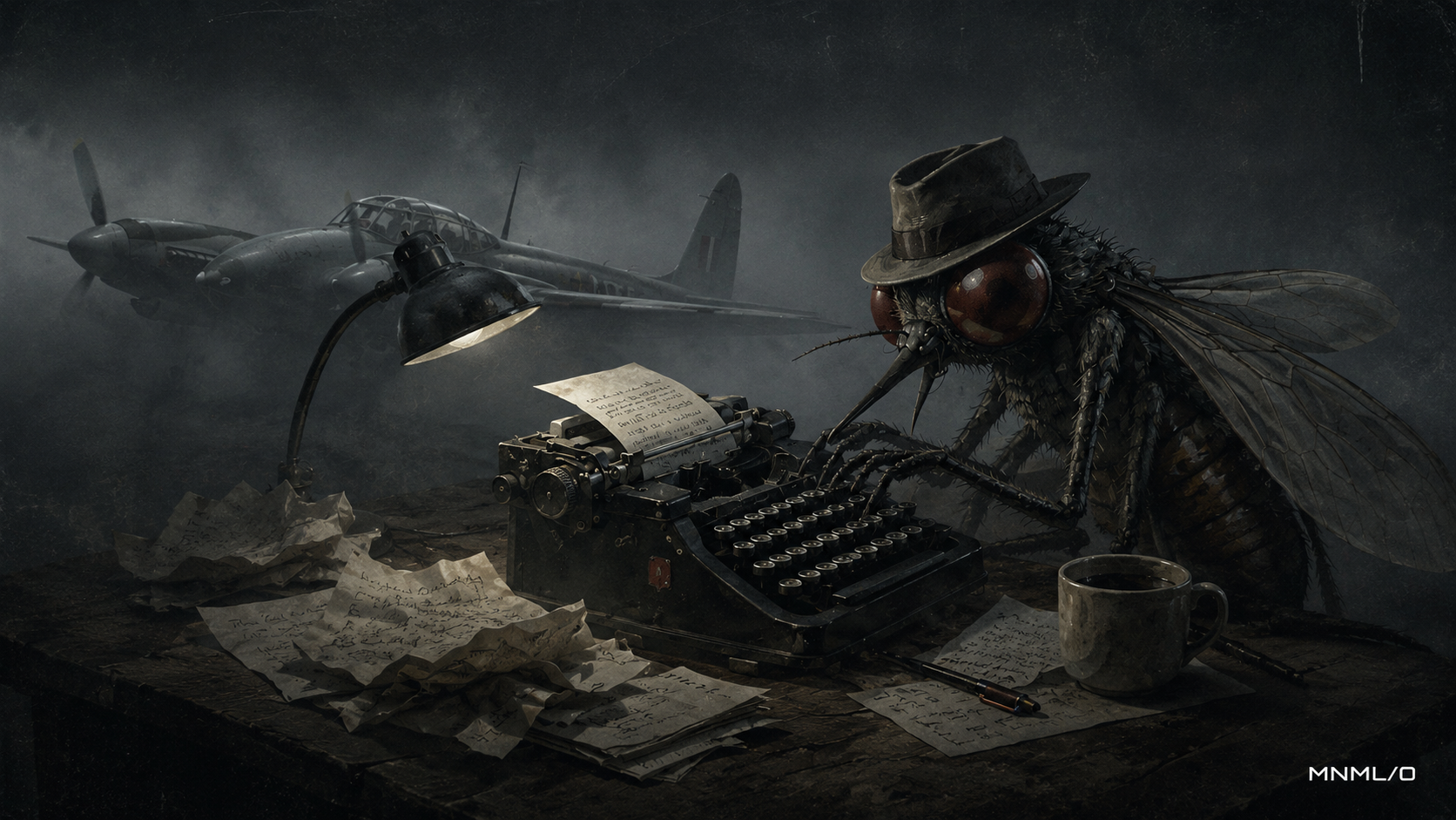 MusQueToe — mosquito at a typewriter, WWII aircraft in background haze